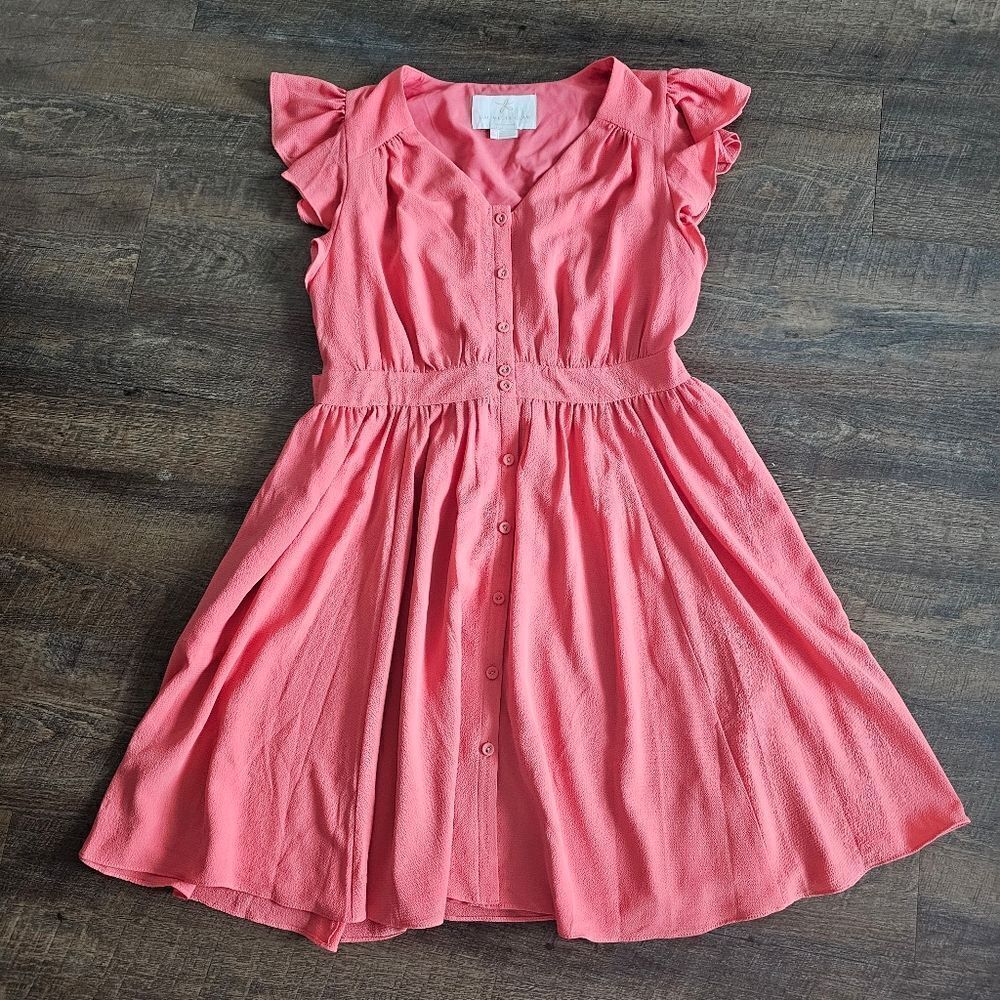 Gal Meets Glam pink dress 12 casual comfy button empire waist tie back